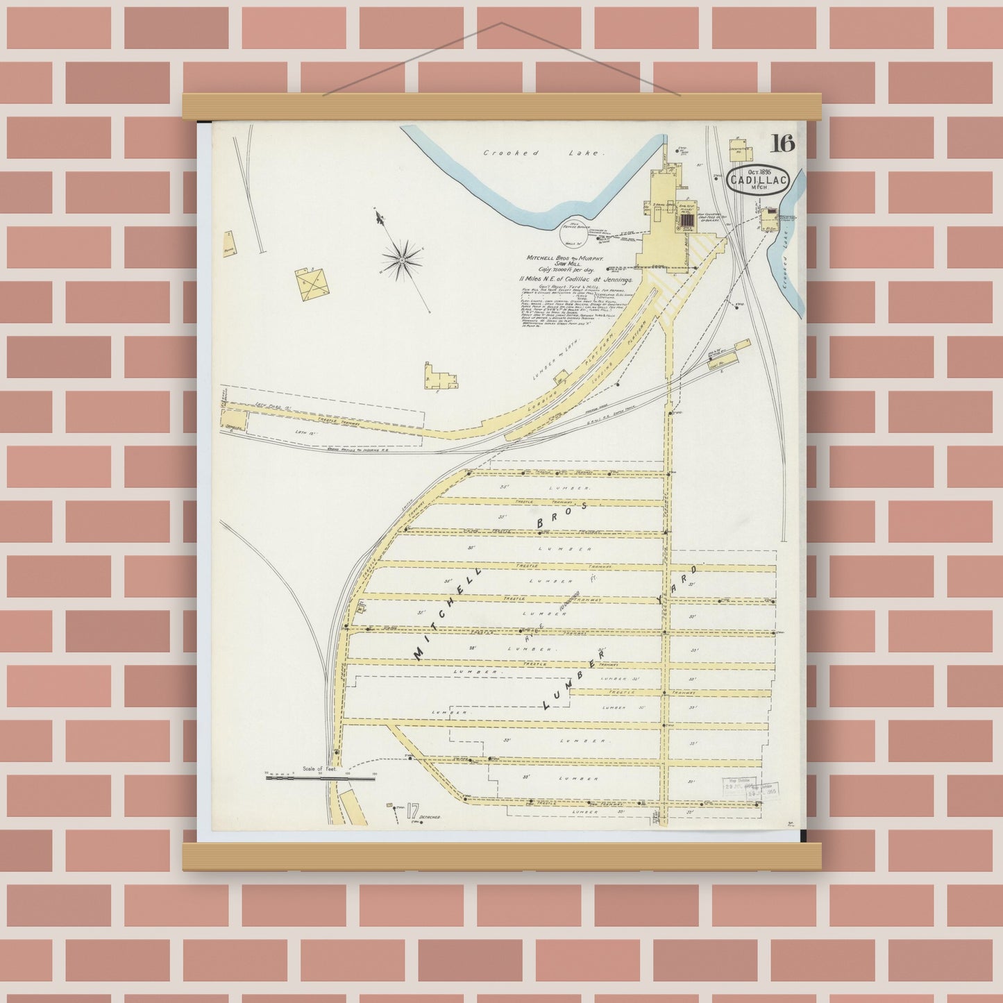 Old map wall art mockup — magnetic wood frame on brick wall — Sanborn Fire Insurance Map from Cadillac, Wexford County, Michigan (1895), Sheet #0016