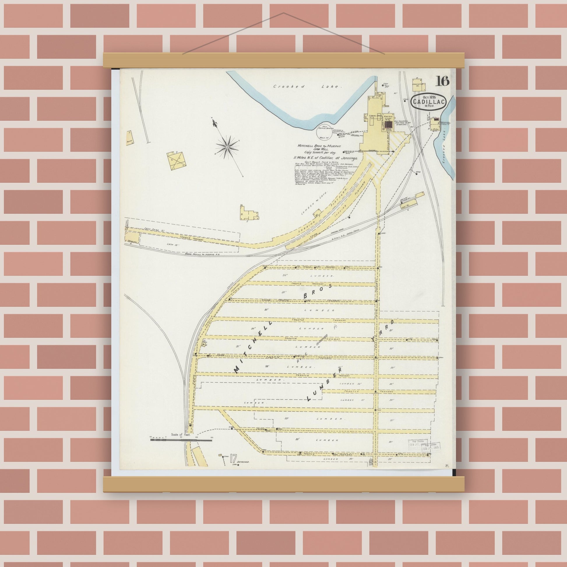 Old map wall art mockup — magnetic wood frame on brick wall — Sanborn Fire Insurance Map from Cadillac, Wexford County, Michigan (1895), Sheet #0016