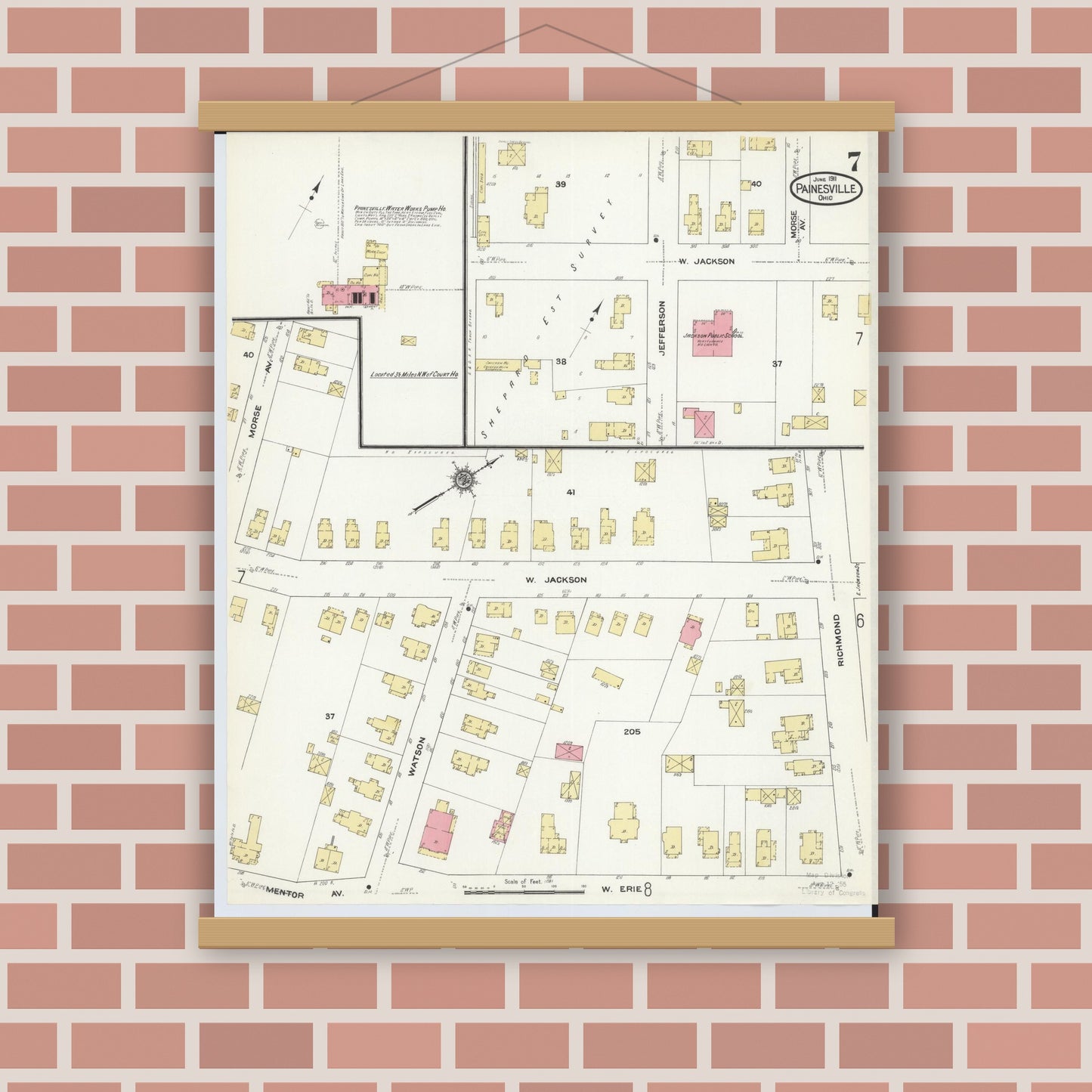Old map wall art mockup — magnetic wood frame on brick wall — Sanborn Fire Insurance Map from Painesville, Lake County, Ohio (1911), Sheet #0007