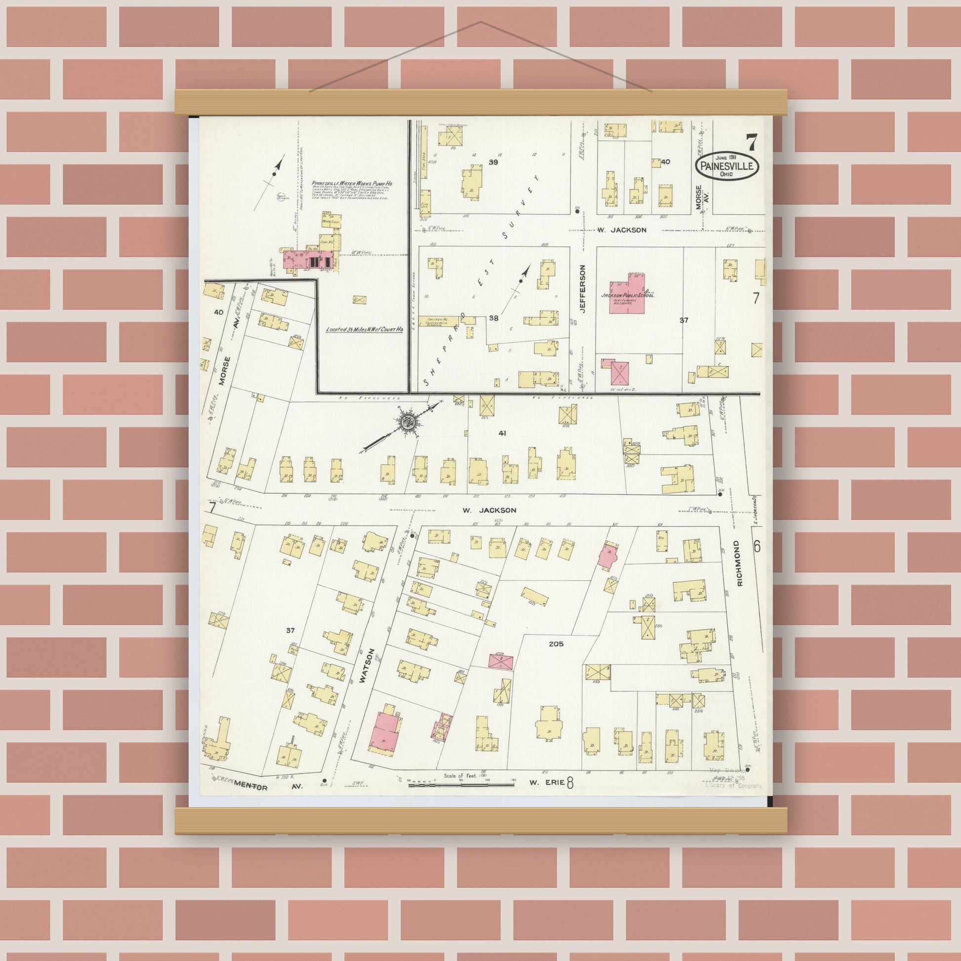 Old map wall art mockup — magnetic wood frame on brick wall — Sanborn Fire Insurance Map from Painesville, Lake County, Ohio (1911), Sheet #0007