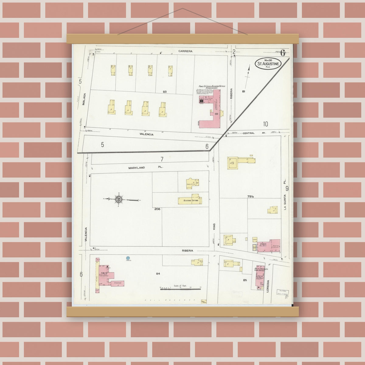 Old map wall art mockup — magnetic wood frame on brick wall — Sanborn Fire Insurance Map from Saint Augustine, Saint John's County, Florida (1910), Sheet #0006