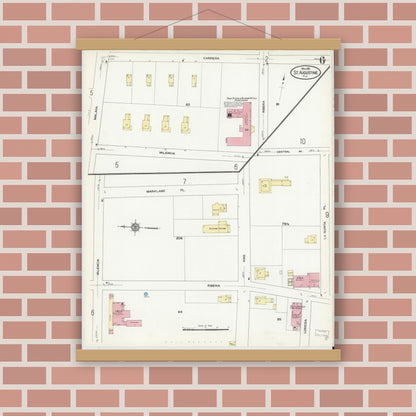 Old map wall art mockup — magnetic wood frame on brick wall — Sanborn Fire Insurance Map from Saint Augustine, Saint John's County, Florida (1910), Sheet #0006
