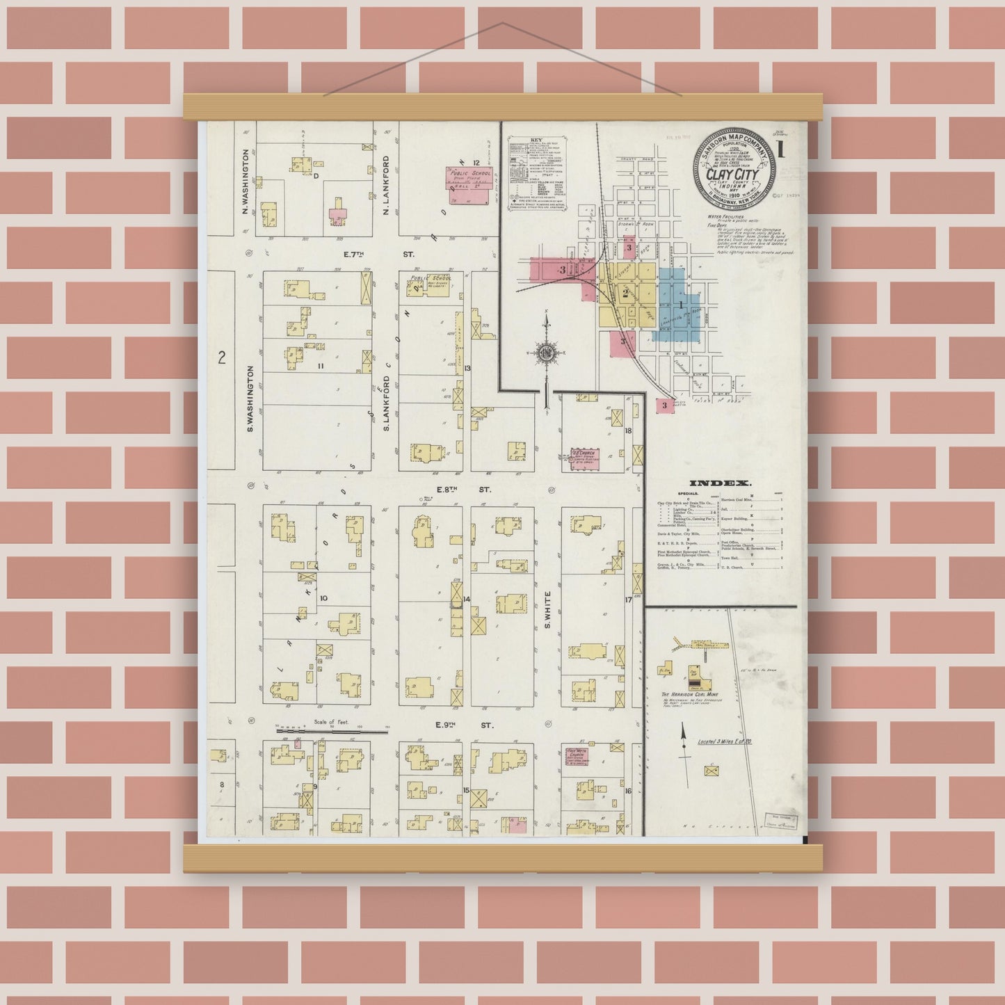 Old map wall art mockup — magnetic wood frame on brick wall — Sanborn Fire Insurance Map from Clay City, Clay County, Indiana (1910) - Complete Map Set
