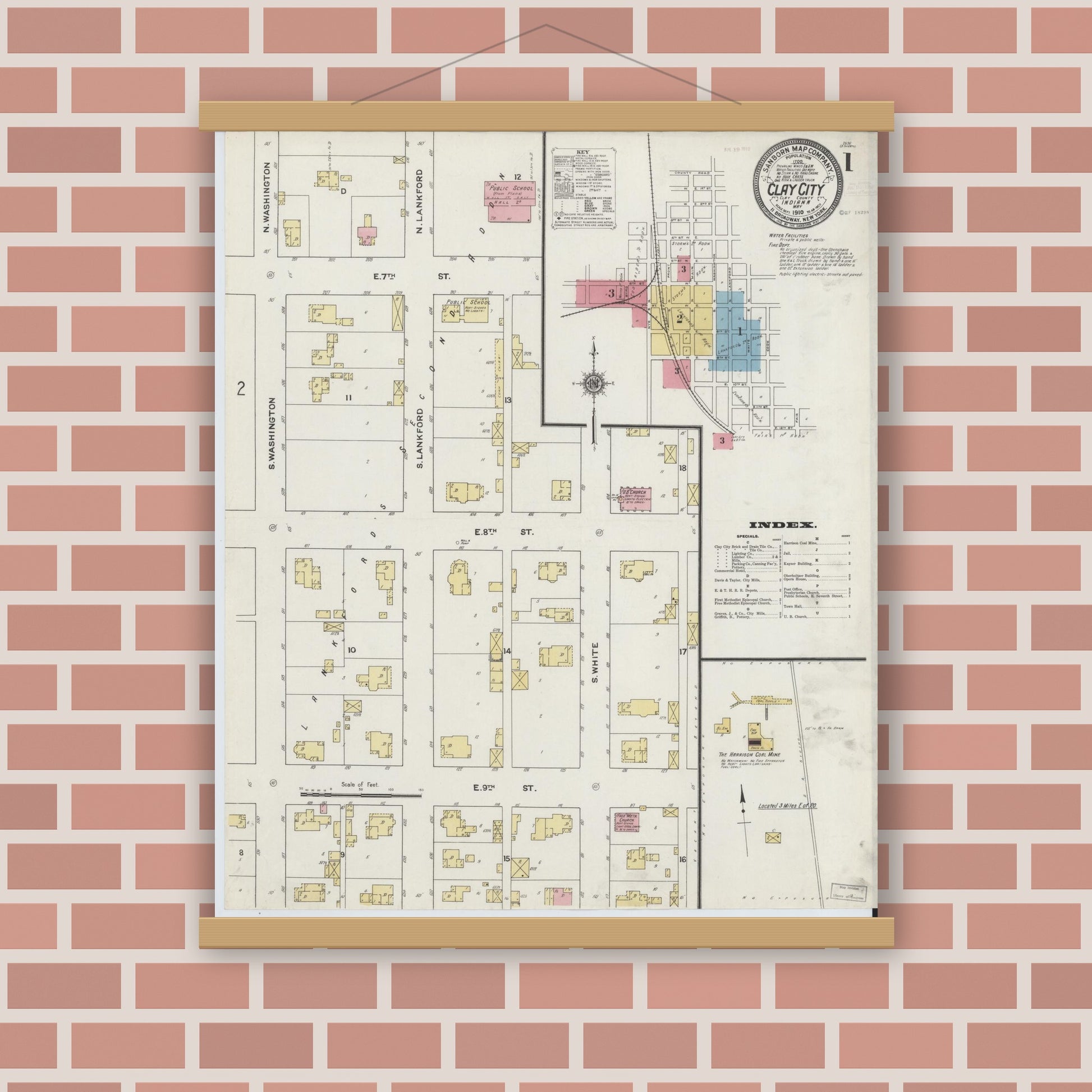 Old map wall art mockup — magnetic wood frame on brick wall — Sanborn Fire Insurance Map from Clay City, Clay County, Indiana (1910) - Complete Map Set