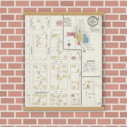 Old map wall art mockup — magnetic wood frame on brick wall — Sanborn Fire Insurance Map from Clay City, Clay County, Indiana (1910) - Complete Map Set