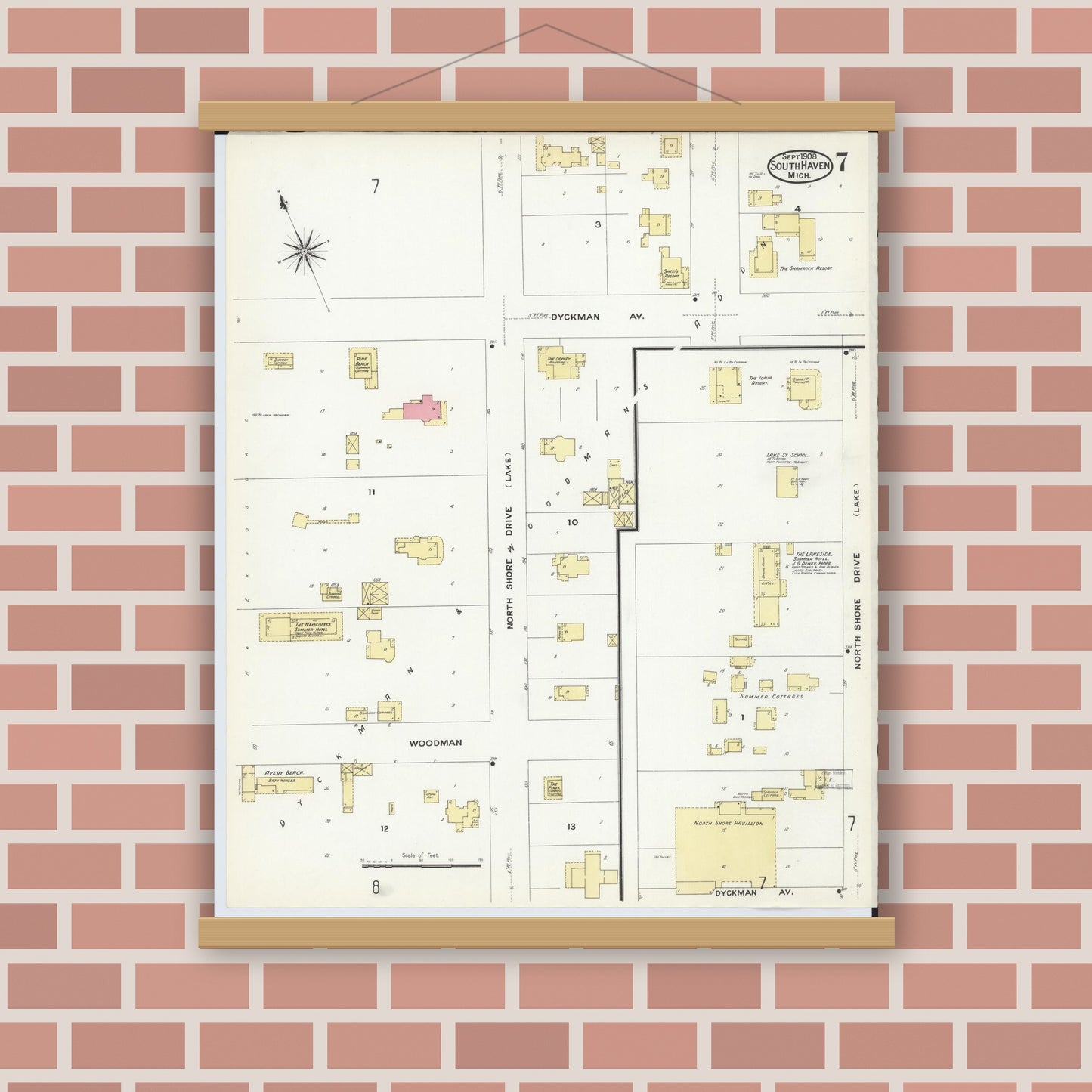 Old map wall art mockup — magnetic wood frame on brick wall — Sanborn Fire Insurance Map from South Haven, Van Buren County, Michigan (1908), Sheet #0007