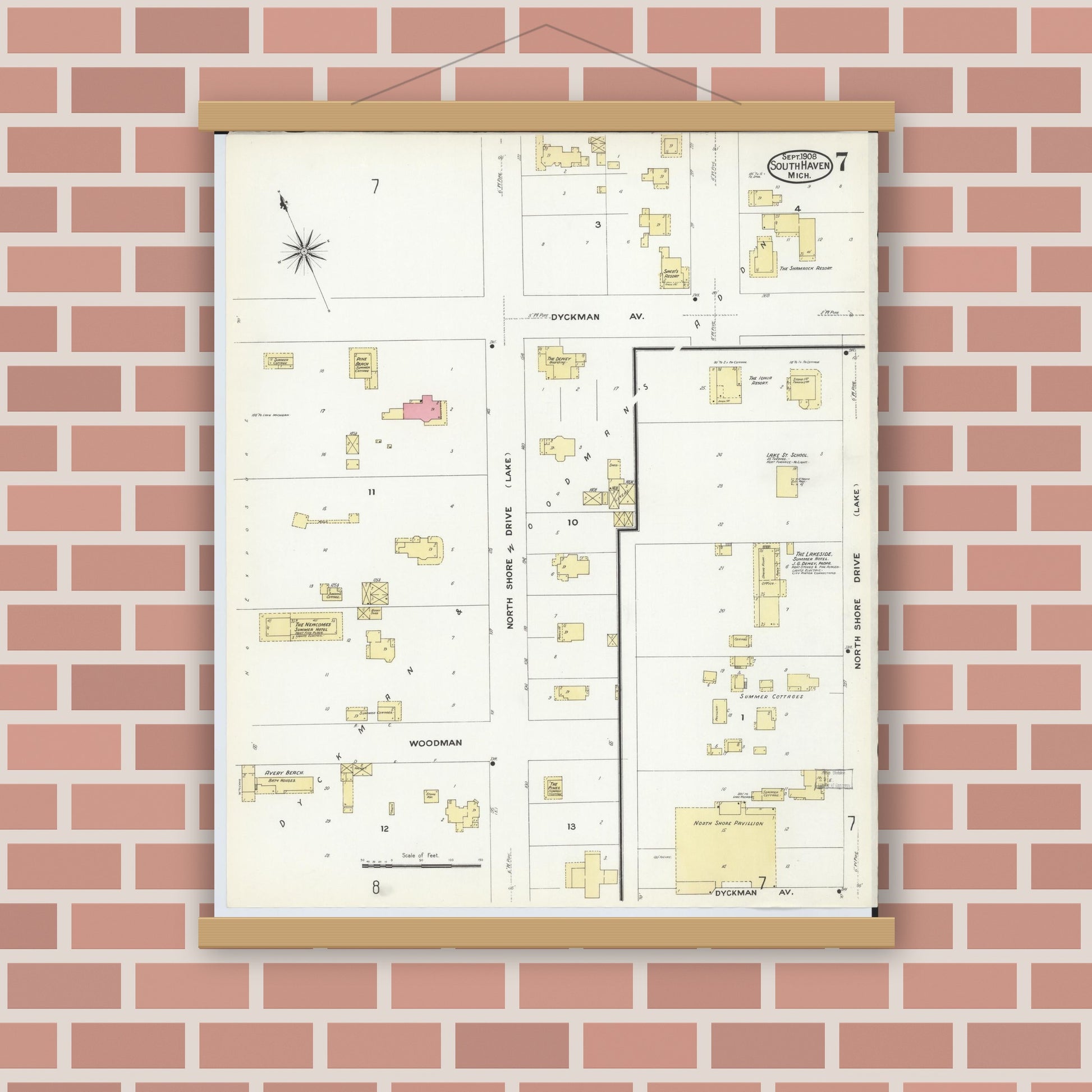 Old map wall art mockup — magnetic wood frame on brick wall — Sanborn Fire Insurance Map from South Haven, Van Buren County, Michigan (1908), Sheet #0007