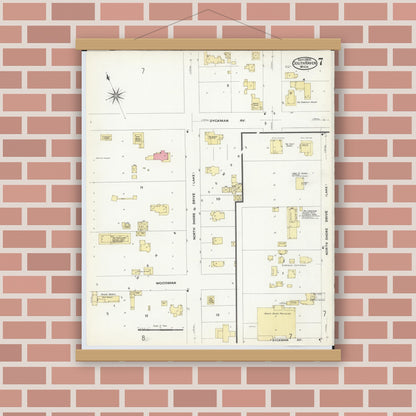 Old map wall art mockup — magnetic wood frame on brick wall — Sanborn Fire Insurance Map from South Haven, Van Buren County, Michigan (1908), Sheet #0007