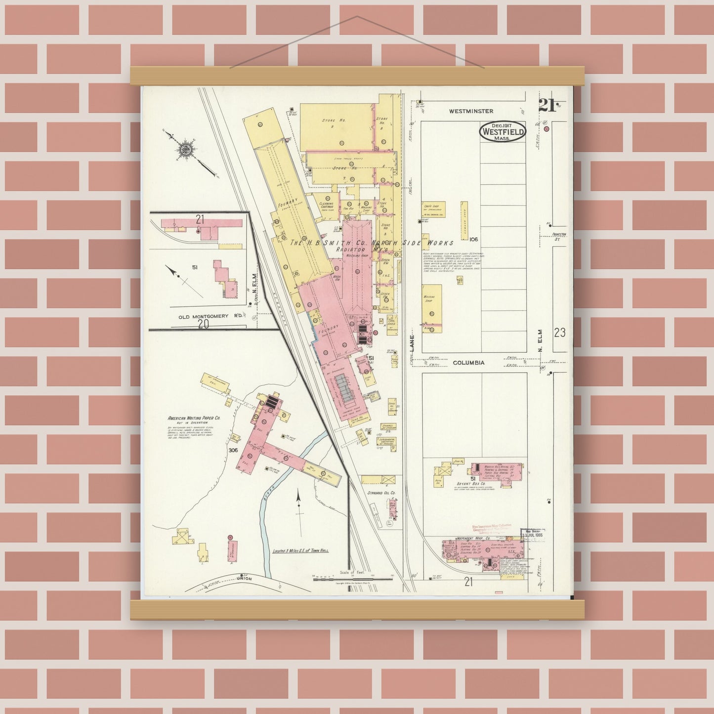 Old map wall art mockup — magnetic wood frame on brick wall — Sanborn Fire Insurance Map from Westfield, Hampden County, Massachusetts (1917), Sheet #0021