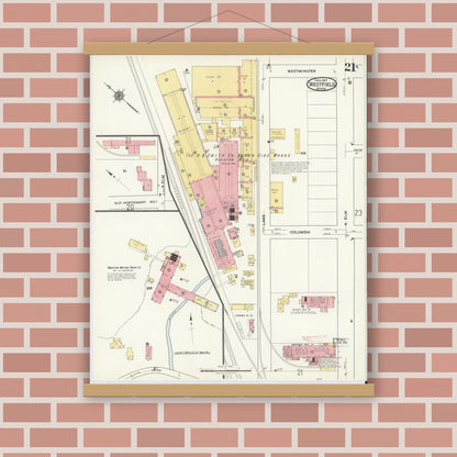 Old map wall art mockup — magnetic wood frame on brick wall — Sanborn Fire Insurance Map from Westfield, Hampden County, Massachusetts (1917), Sheet #0021