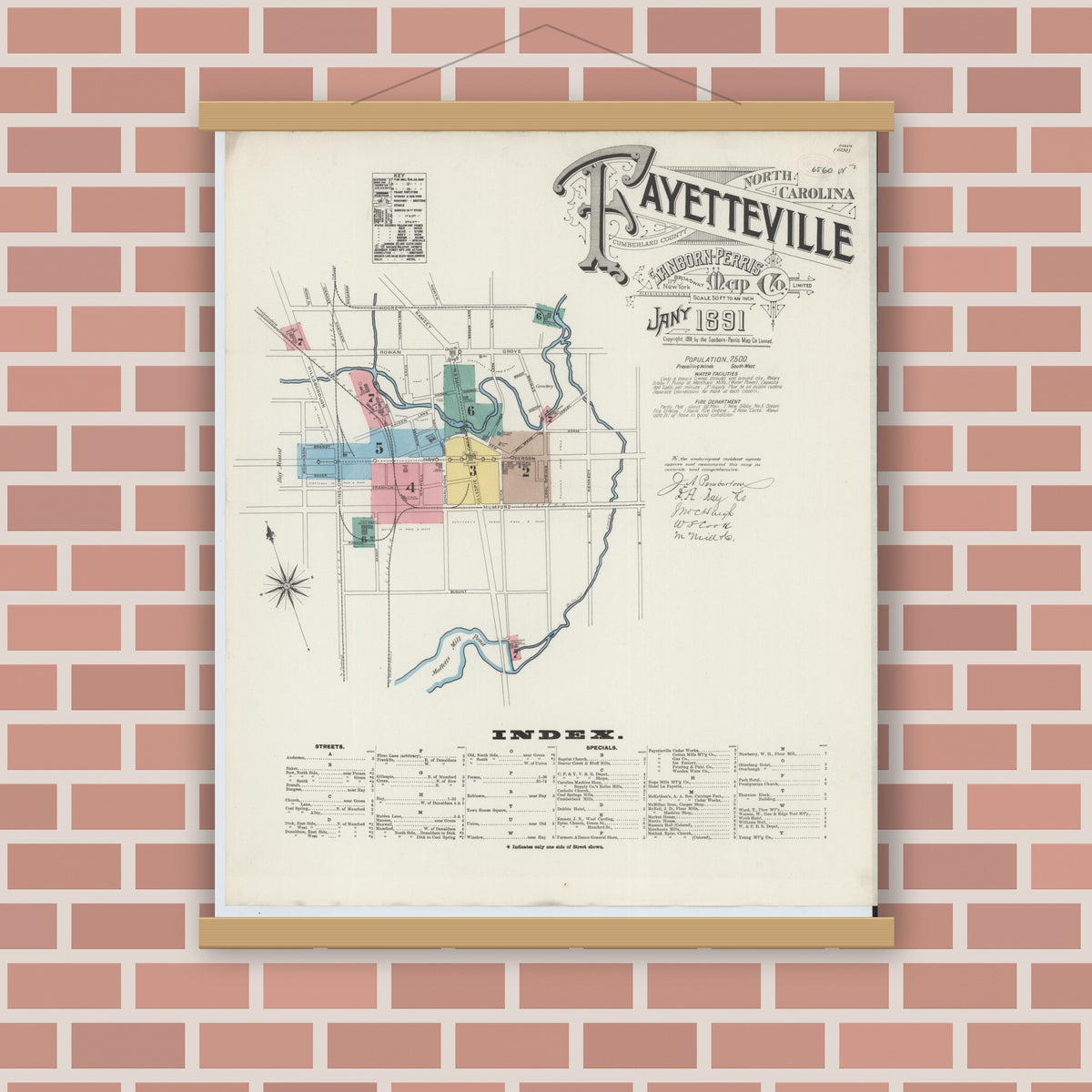 Old map wall art mockup — magnetic wood frame on brick wall — Sanborn Fire Insurance Map from Fayetteville, Cumberland County, North Carolina (1891) - Complete Map Set