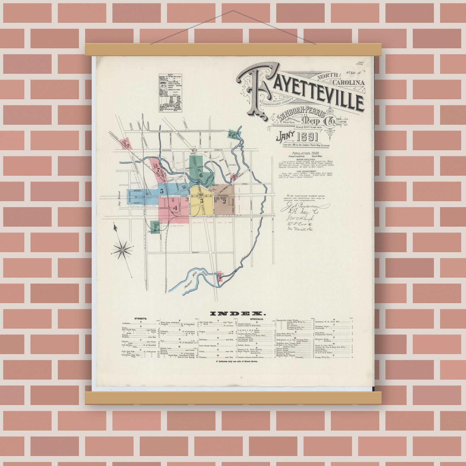 Old map wall art mockup — magnetic wood frame on brick wall — Sanborn Fire Insurance Map from Fayetteville, Cumberland County, North Carolina (1891) - Complete Map Set