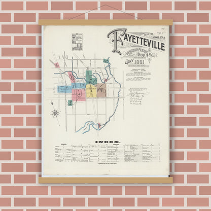 Old map wall art mockup — magnetic wood frame on brick wall — Sanborn Fire Insurance Map from Fayetteville, Cumberland County, North Carolina (1891) - Complete Map Set