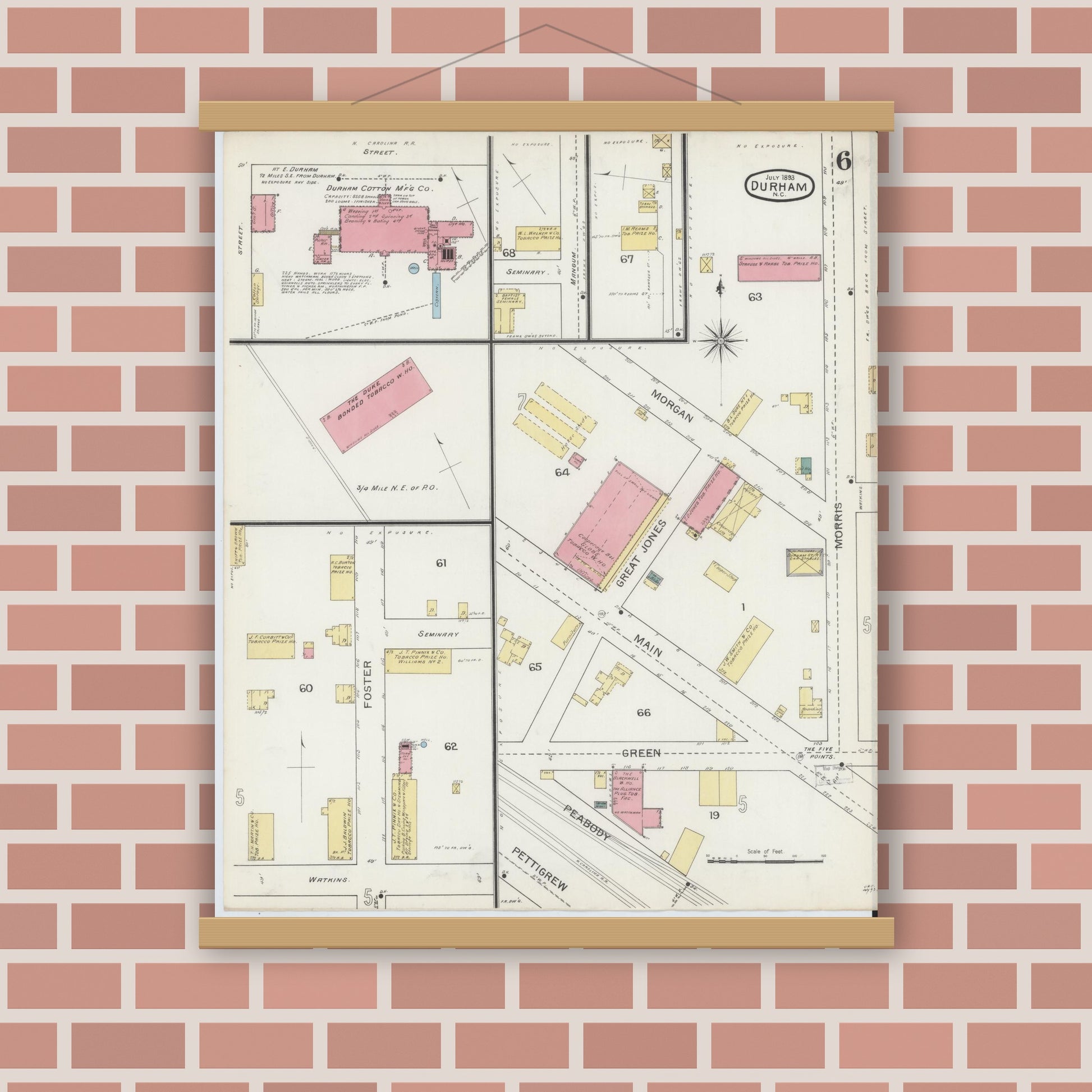 Old map wall art mockup — magnetic wood frame on brick wall — Sanborn Fire Insurance Map from Durham, Durham County, North Carolina (1893), Sheet #0006