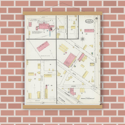 Old map wall art mockup — magnetic wood frame on brick wall — Sanborn Fire Insurance Map from Durham, Durham County, North Carolina (1893), Sheet #0006