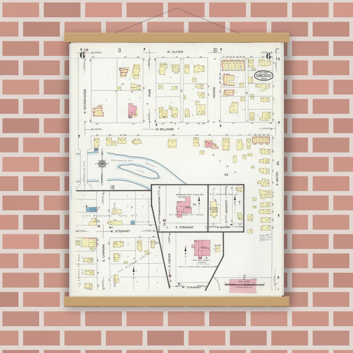 Old map wall art mockup — magnetic wood frame on brick wall — Sanborn Fire Insurance Map from Owosso, Shiawassee County, Michigan (1924), Sheet #0006
