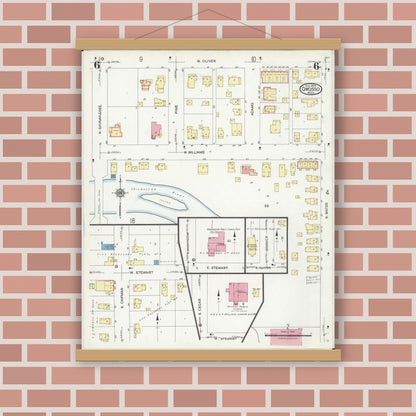 Old map wall art mockup — magnetic wood frame on brick wall — Sanborn Fire Insurance Map from Owosso, Shiawassee County, Michigan (1924), Sheet #0006