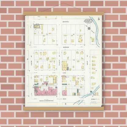 Old map wall art mockup — magnetic wood frame on brick wall — Sanborn Fire Insurance Map from Marshall, Lyon County, Minnesota (1909), Sheet #0005