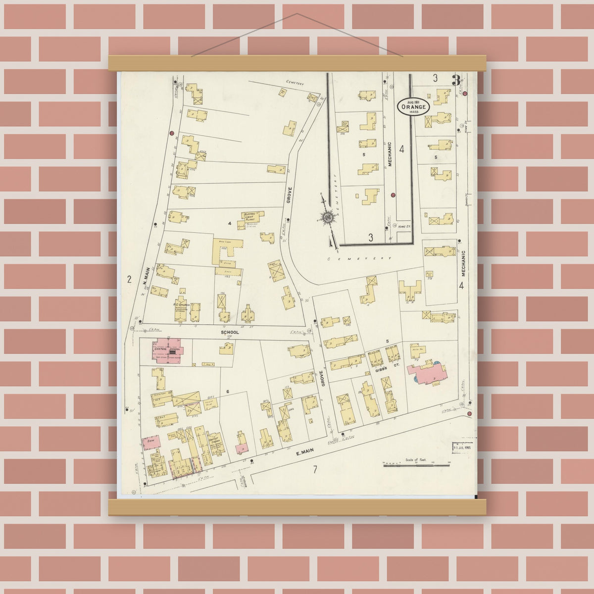 Old map wall art mockup — magnetic wood frame on brick wall — Sanborn Fire Insurance Map from Orange, Franklin County, Massachusetts (1911), Sheet #0003