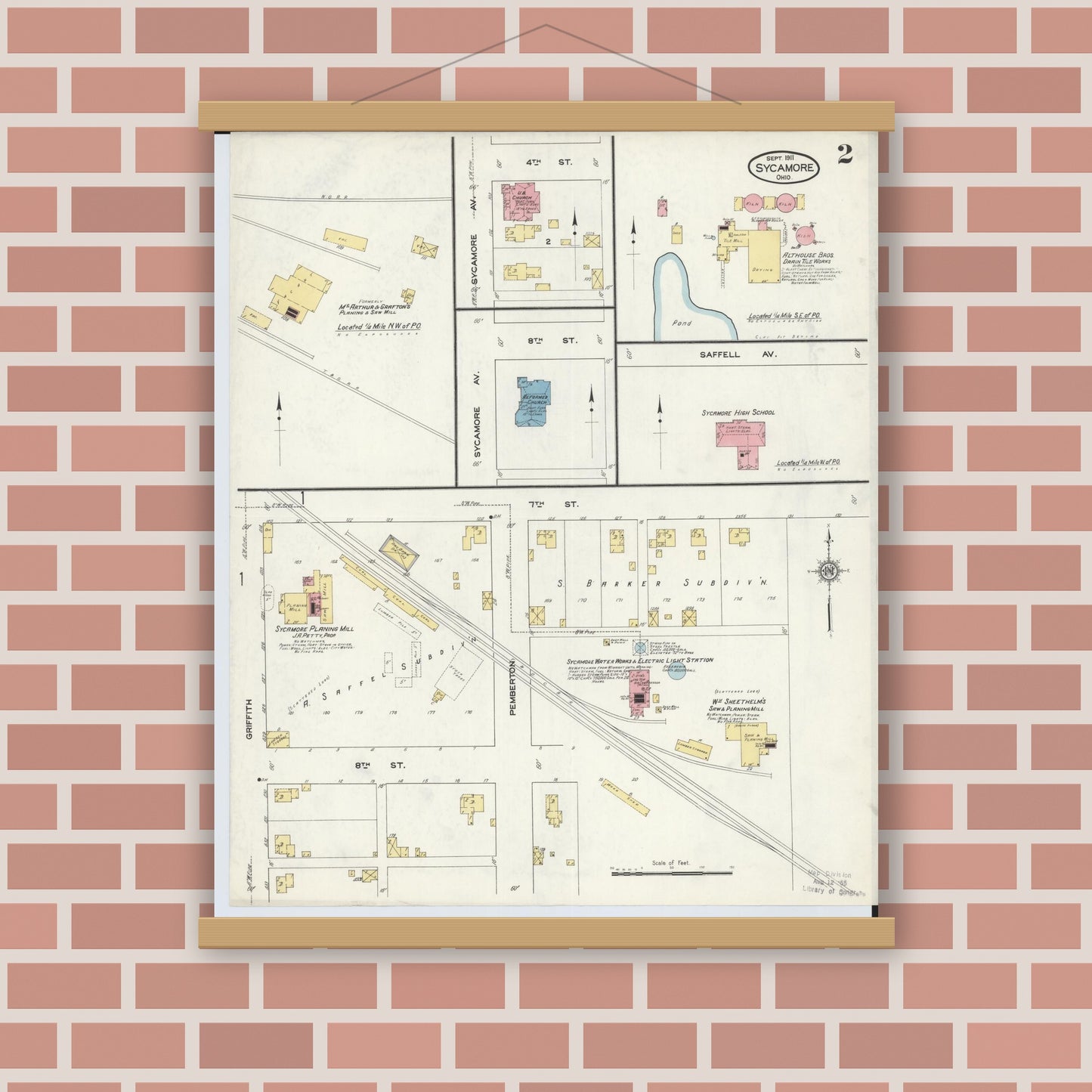 Old map wall art mockup — magnetic wood frame on brick wall — Sanborn Fire Insurance Map from Sycamore, Wyandot County, Ohio (1911), Sheet #0002