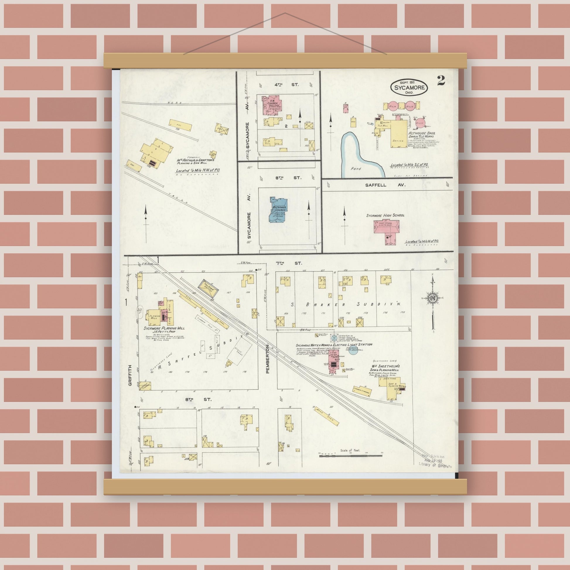 Old map wall art mockup — magnetic wood frame on brick wall — Sanborn Fire Insurance Map from Sycamore, Wyandot County, Ohio (1911), Sheet #0002