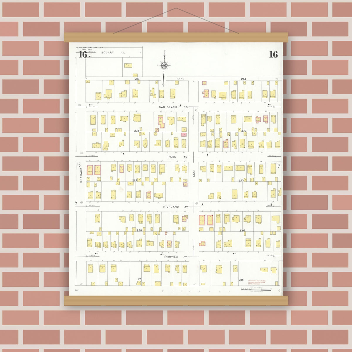 Old map wall art mockup — magnetic wood frame on brick wall — Sanborn Fire Insurance Map from Port Washington, Nassau County, New York (1931), Sheet #0016