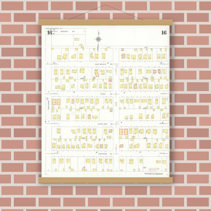 Old map wall art mockup — magnetic wood frame on brick wall — Sanborn Fire Insurance Map from Port Washington, Nassau County, New York (1931), Sheet #0016