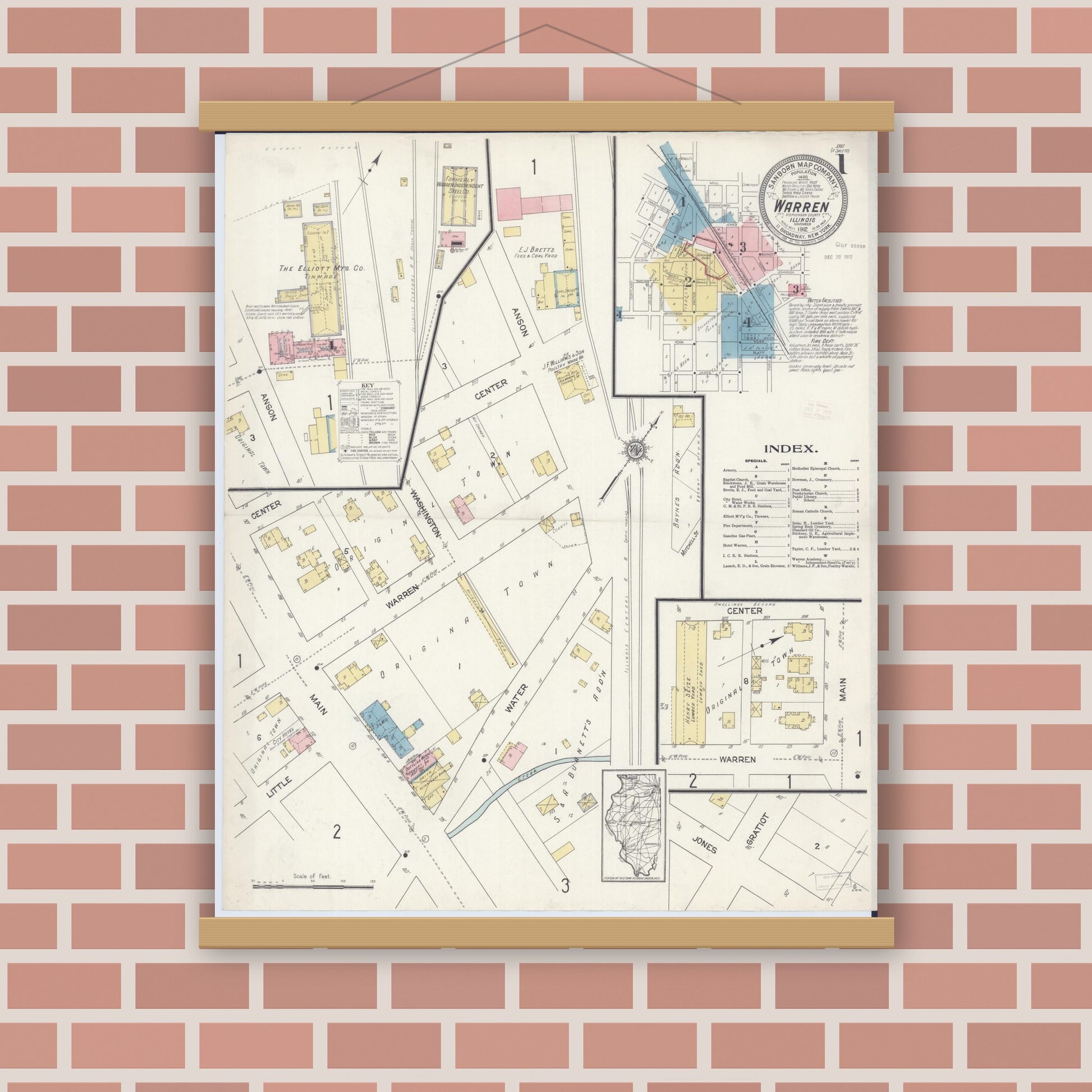 Old map wall art mockup — magnetic wood frame on brick wall — Sanborn Fire Insurance Map from Warren, Jo Daviess County, Illinois (1912) - Complete Map Set