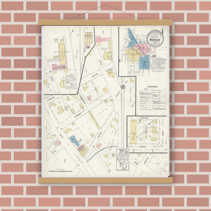 Old map wall art mockup — magnetic wood frame on brick wall — Sanborn Fire Insurance Map from Warren, Jo Daviess County, Illinois (1912) - Complete Map Set
