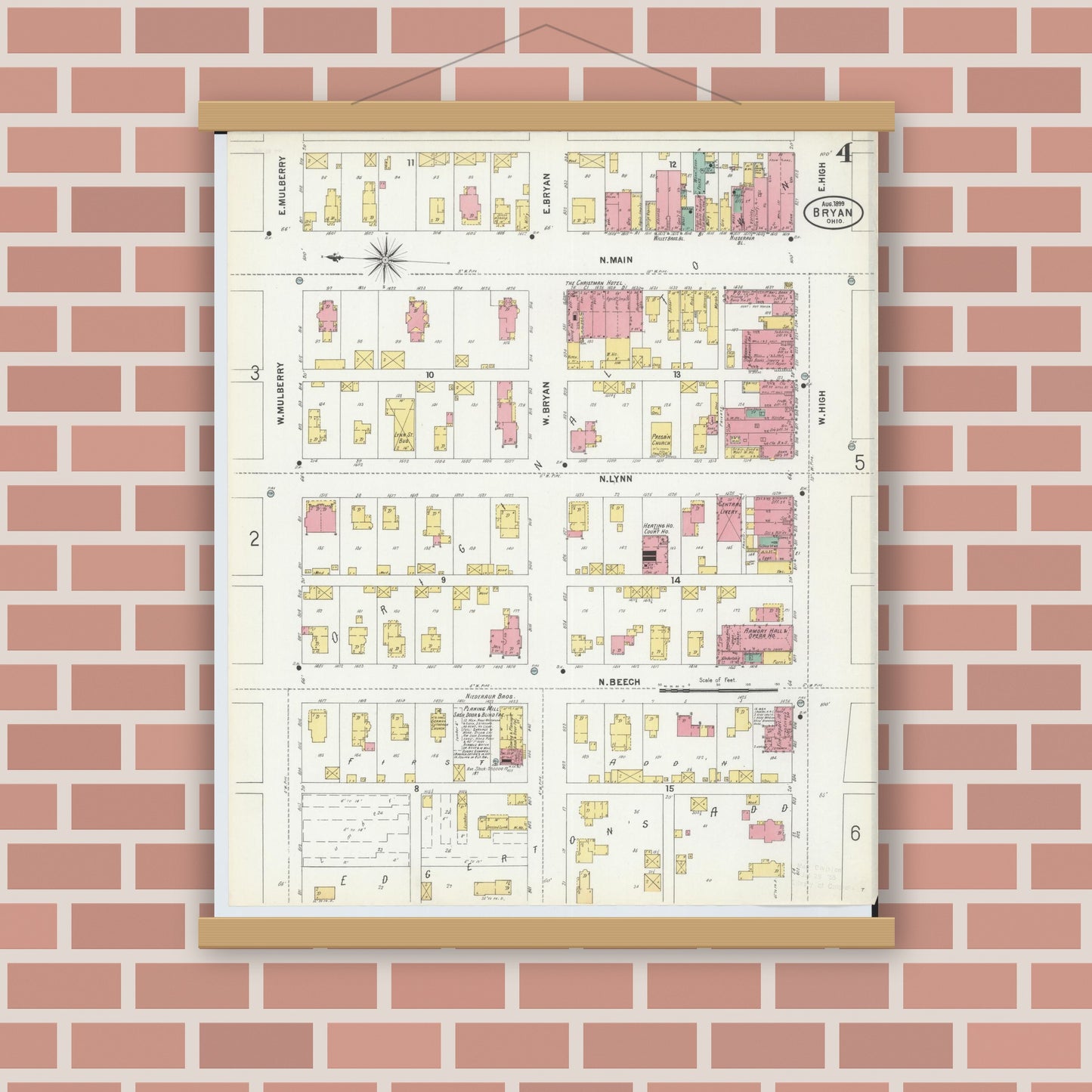 Old map wall art mockup — magnetic wood frame on brick wall — Sanborn Fire Insurance Map from Bryan, Williams County, Ohio (1899), Sheet #0004