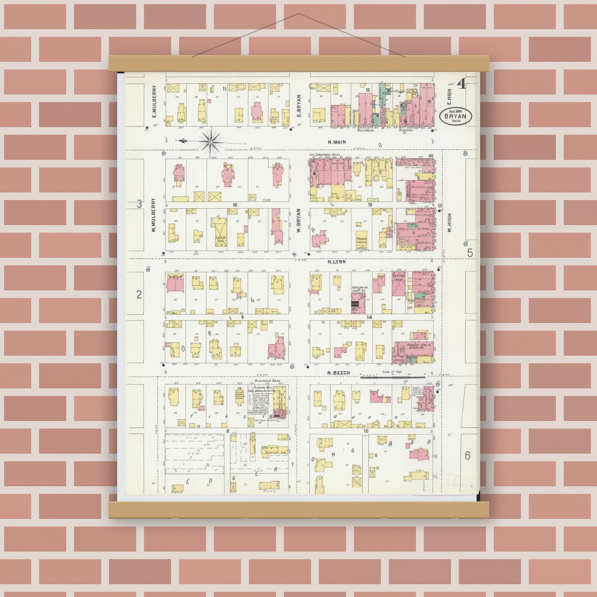 Old map wall art mockup — magnetic wood frame on brick wall — Sanborn Fire Insurance Map from Bryan, Williams County, Ohio (1899), Sheet #0004