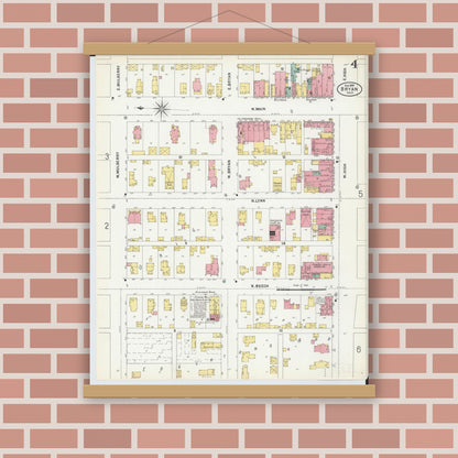 Old map wall art mockup — magnetic wood frame on brick wall — Sanborn Fire Insurance Map from Bryan, Williams County, Ohio (1899), Sheet #0004