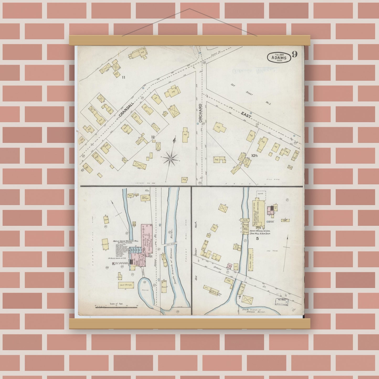Old map wall art mockup — magnetic wood frame on brick wall — Sanborn Fire Insurance Map from Adams, Berkshire County, Massachusetts (1889), Sheet #0009