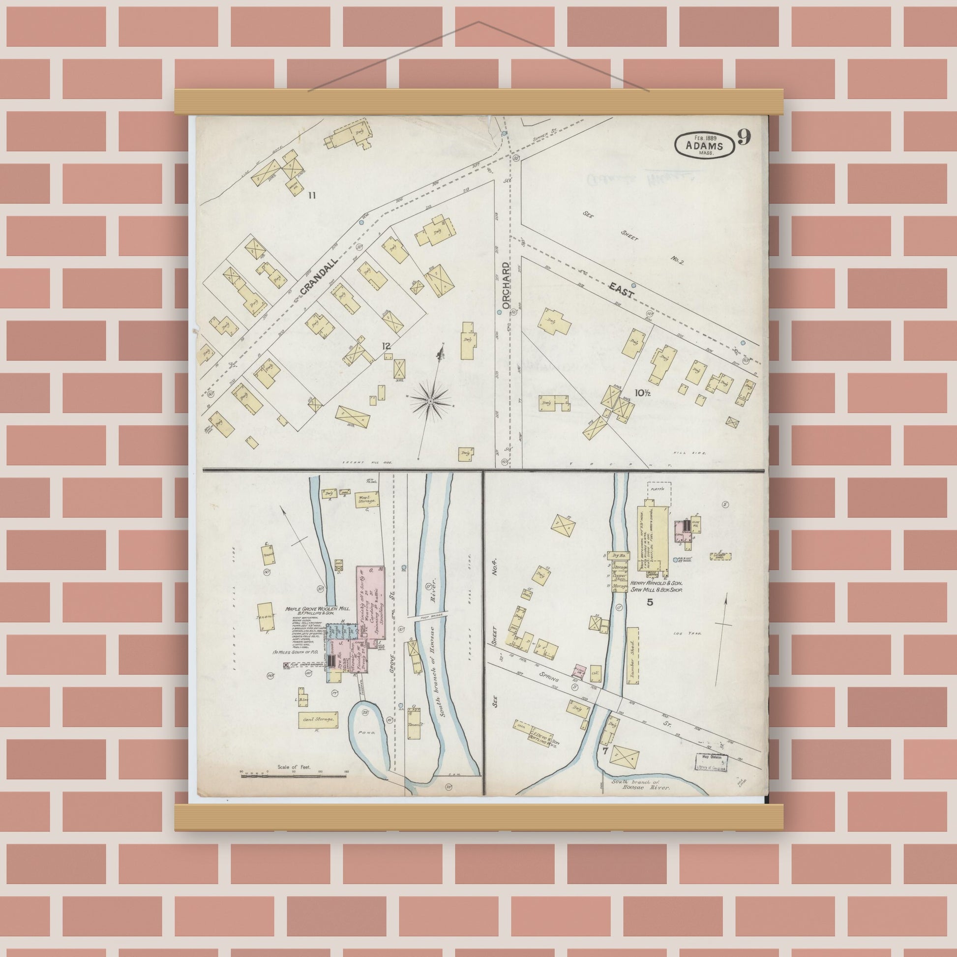 Old map wall art mockup — magnetic wood frame on brick wall — Sanborn Fire Insurance Map from Adams, Berkshire County, Massachusetts (1889), Sheet #0009