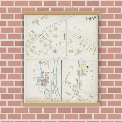 Old map wall art mockup — magnetic wood frame on brick wall — Sanborn Fire Insurance Map from Adams, Berkshire County, Massachusetts (1889), Sheet #0009