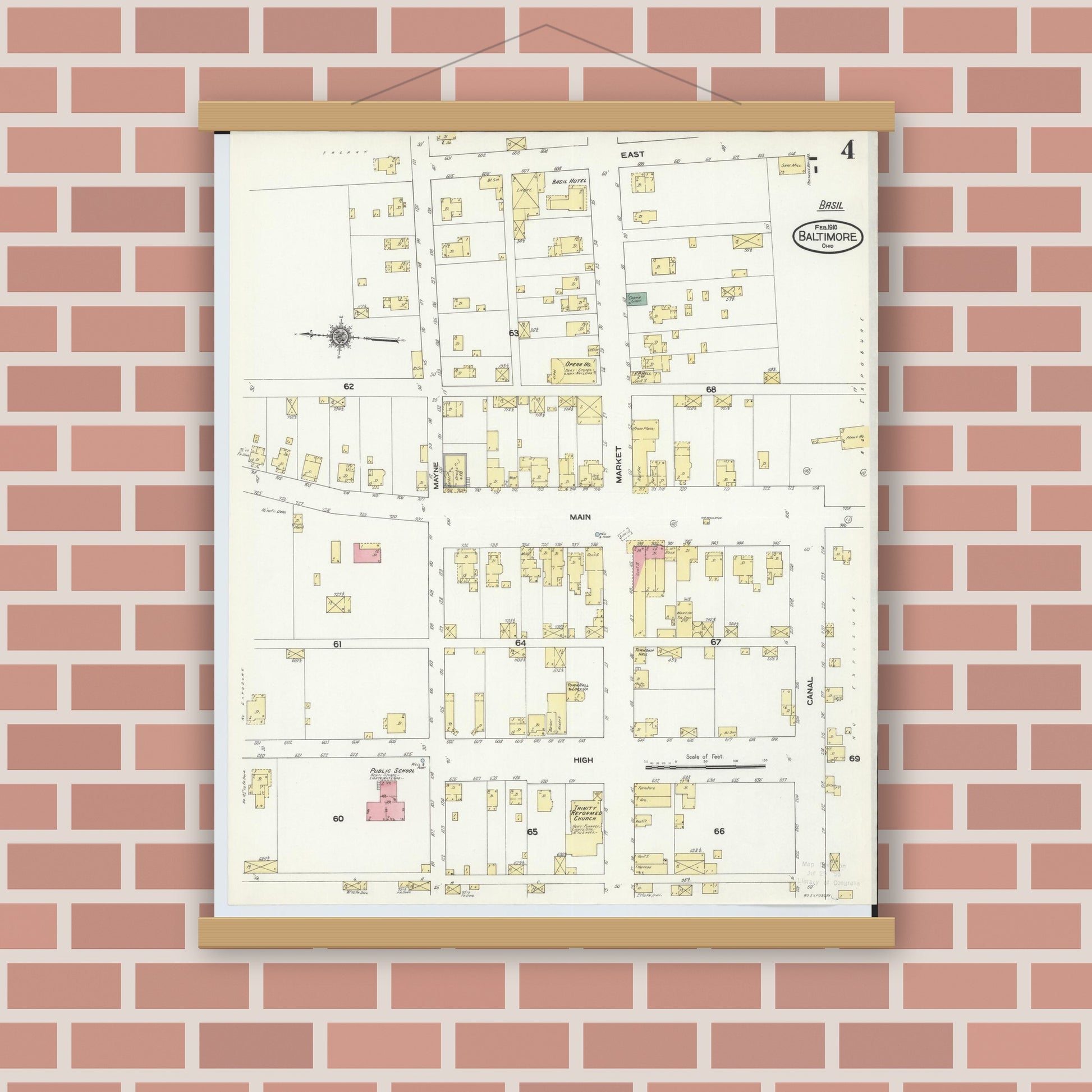 Old map wall art mockup — magnetic wood frame on brick wall — Sanborn Fire Insurance Map from Baltimore, Fairfield County, Ohio (1910), Sheet #0004
