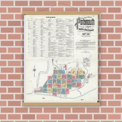 Old map wall art mockup — magnetic wood frame on brick wall — Sanborn Fire Insurance Map from Portsmouth, Scioto County, Ohio (1911), Sheet #0001