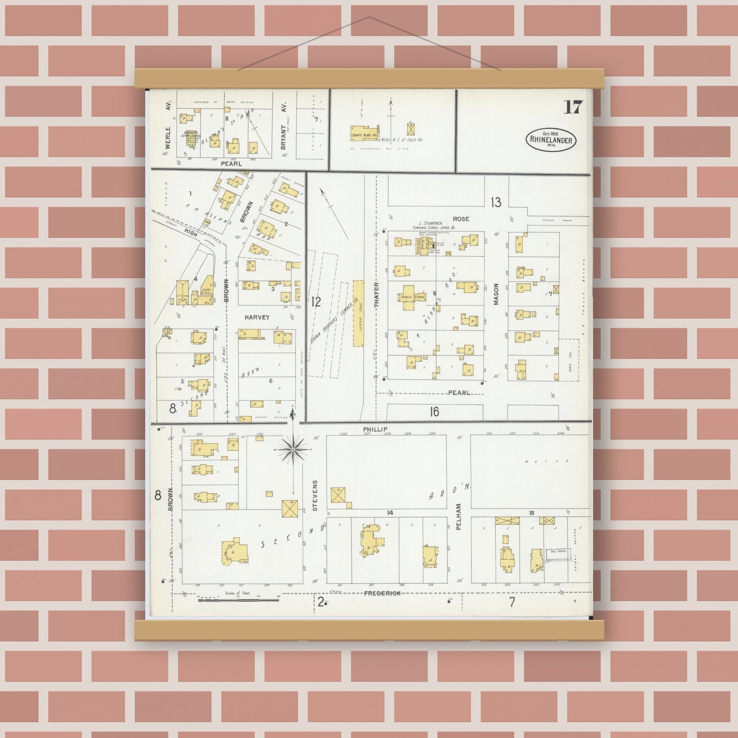 Old map wall art mockup — magnetic wood frame on brick wall — Sanborn Fire Insurance Map from Rhinelander, Oneida County, Wisconsin (1900), Sheet #0017