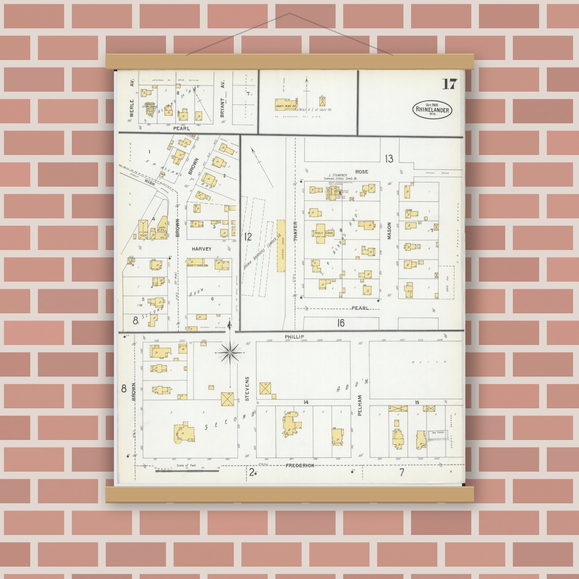 Old map wall art mockup — magnetic wood frame on brick wall — Sanborn Fire Insurance Map from Rhinelander, Oneida County, Wisconsin (1900), Sheet #0017