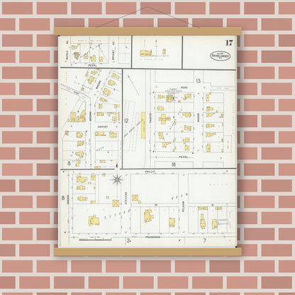 Old map wall art mockup — magnetic wood frame on brick wall — Sanborn Fire Insurance Map from Rhinelander, Oneida County, Wisconsin (1900), Sheet #0017