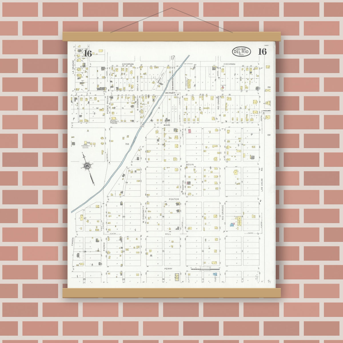 Old map wall art mockup — magnetic wood frame on brick wall — Sanborn Fire Insurance Map from Del Rio, Val Verde County, Texas (1930), Sheet #0016