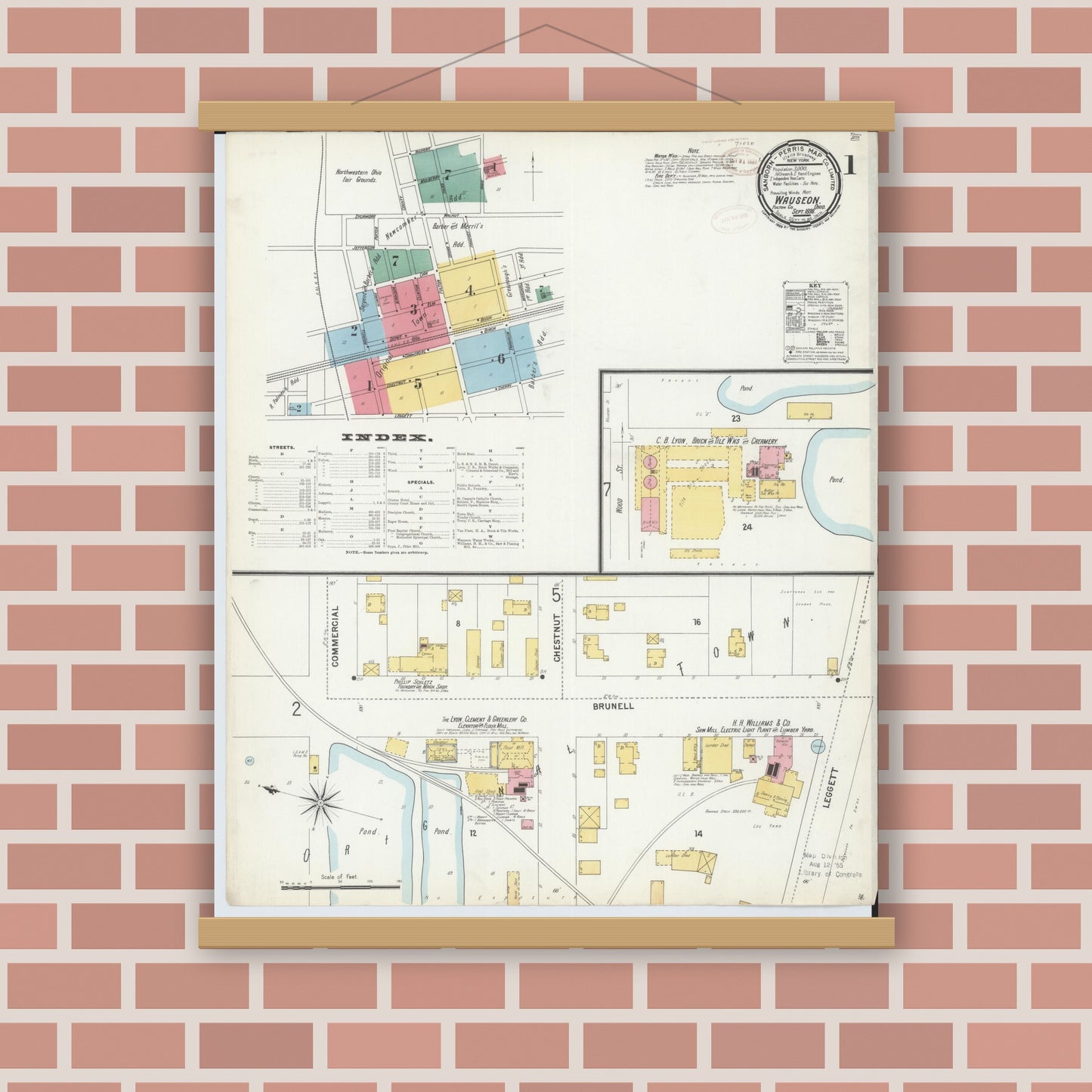Old map wall art mockup — magnetic wood frame on brick wall — Sanborn Fire Insurance Map from Wauseon, Fulton County, Ohio (1899), Sheet #0001