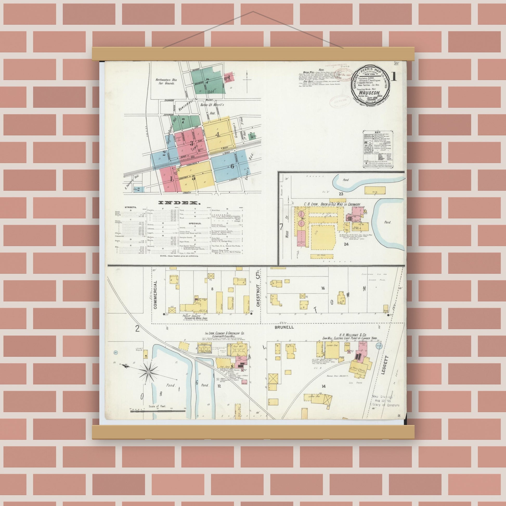 Old map wall art mockup — magnetic wood frame on brick wall — Sanborn Fire Insurance Map from Wauseon, Fulton County, Ohio (1899), Sheet #0001