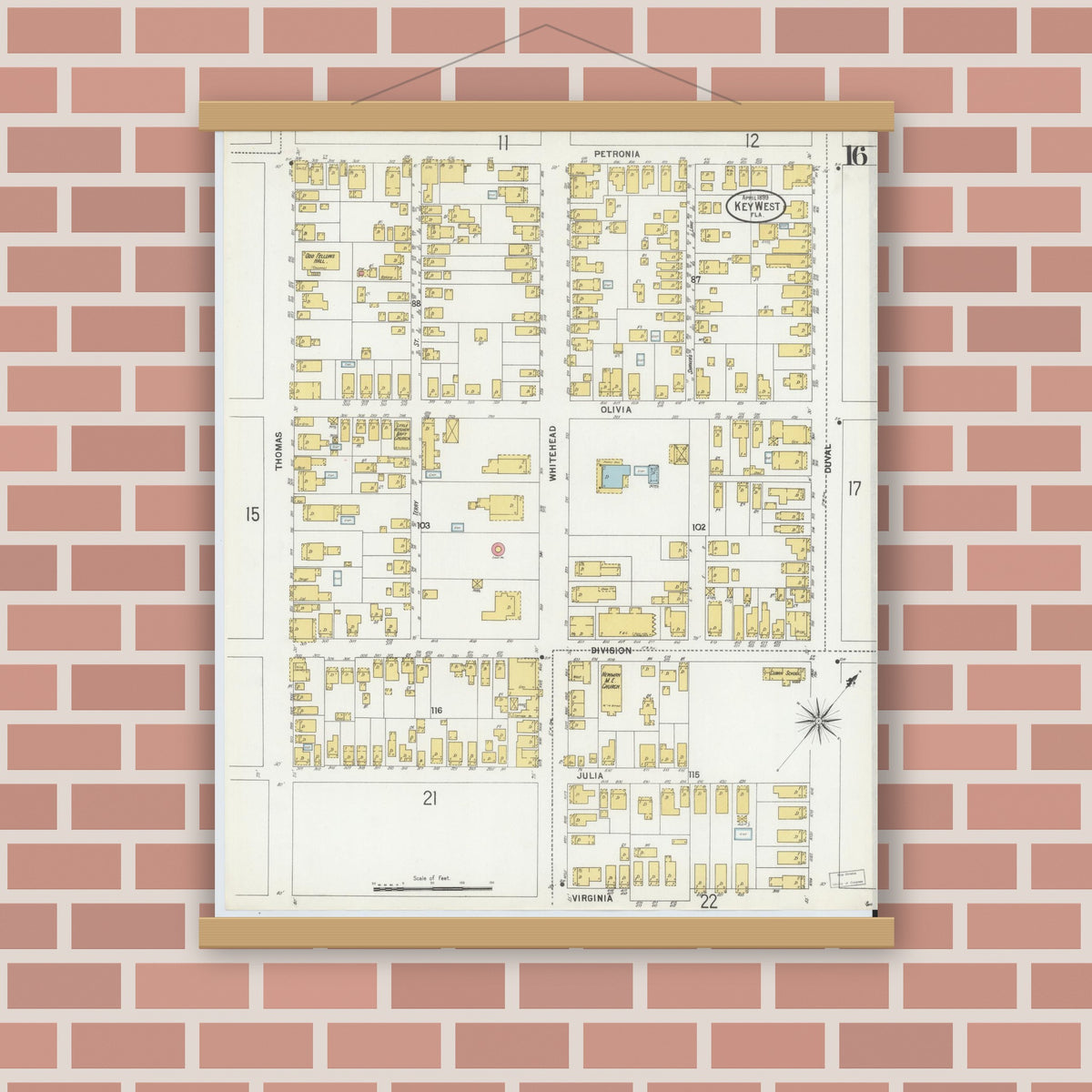 Old map wall art mockup — magnetic wood frame on brick wall — Sanborn Fire Insurance Map from Key West, Monroe County, Florida (1899), Sheet #0016