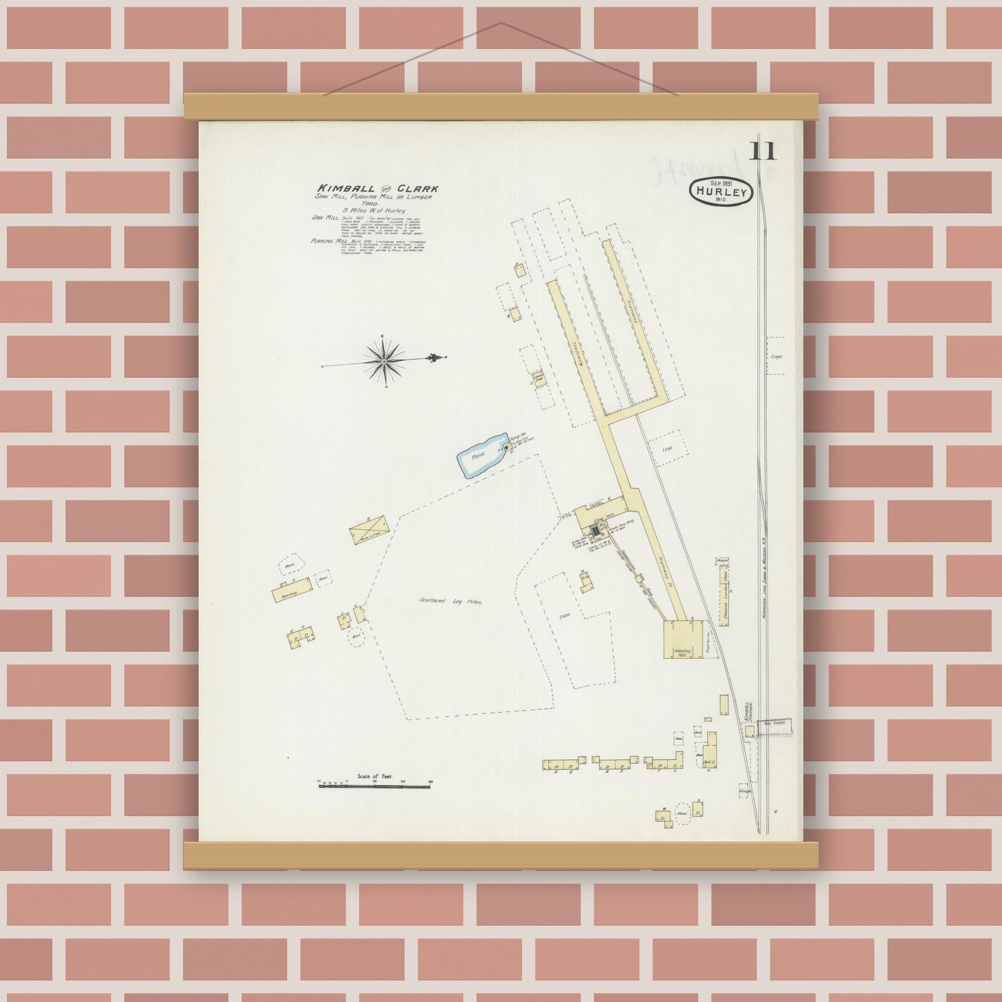 Old map wall art mockup — magnetic wood frame on brick wall — Sanborn Fire Insurance Map from Hurley, Iron County, Wisconsin (1891), Sheet #0011