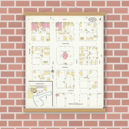 Old map wall art mockup — magnetic wood frame on brick wall — Sanborn Fire Insurance Map from Giddings, Lee County, Texas (1912), Sheet #0004