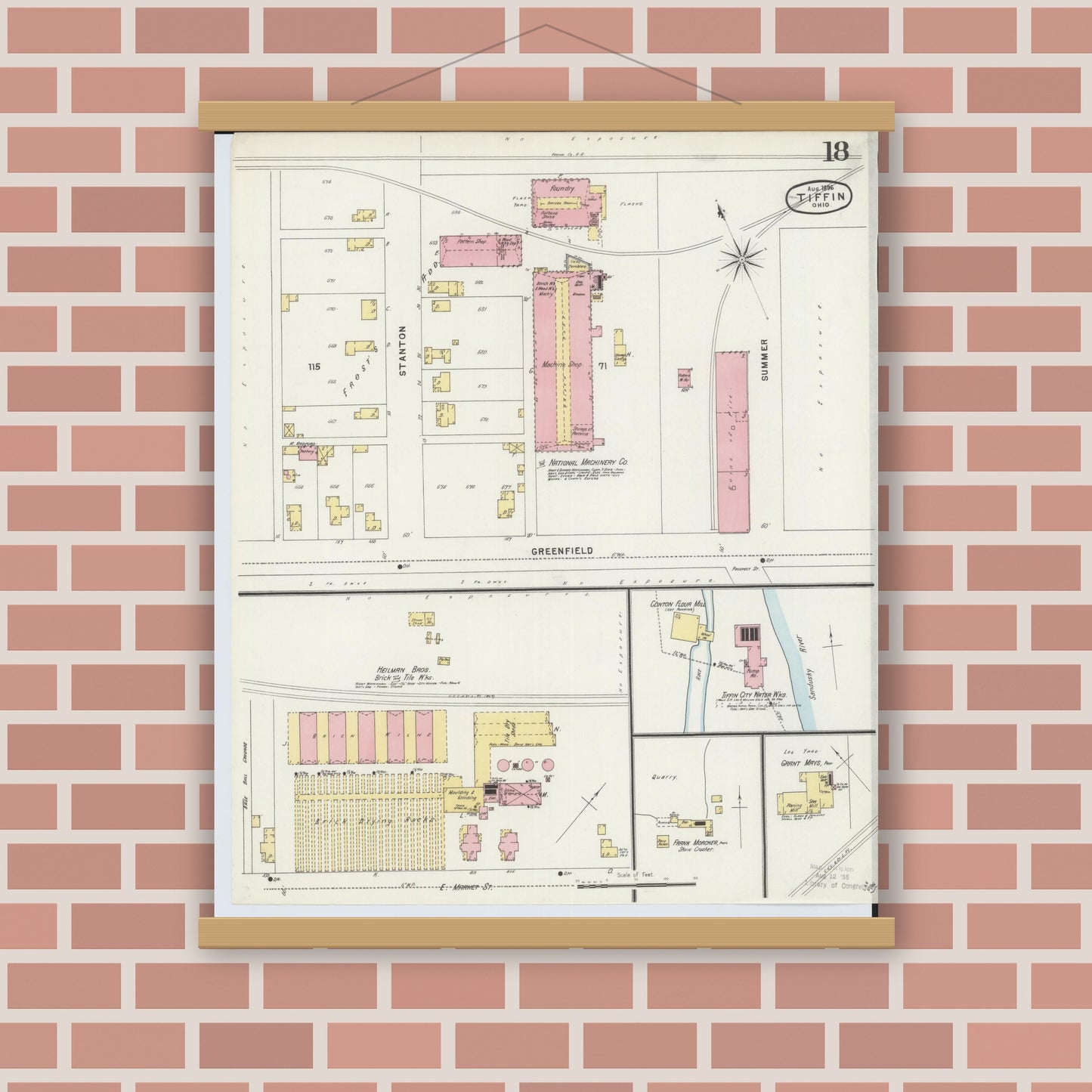 Old map wall art mockup — magnetic wood frame on brick wall — Sanborn Fire Insurance Map from Tiffin, Seneca County, Ohio (1896), Sheet #0018