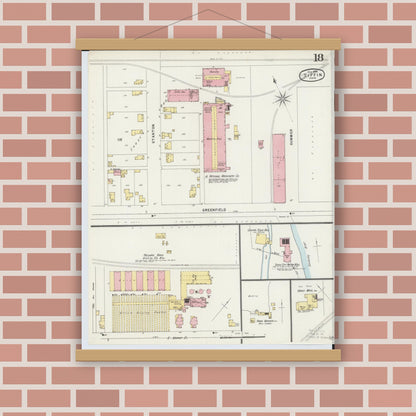 Old map wall art mockup — magnetic wood frame on brick wall — Sanborn Fire Insurance Map from Tiffin, Seneca County, Ohio (1896), Sheet #0018