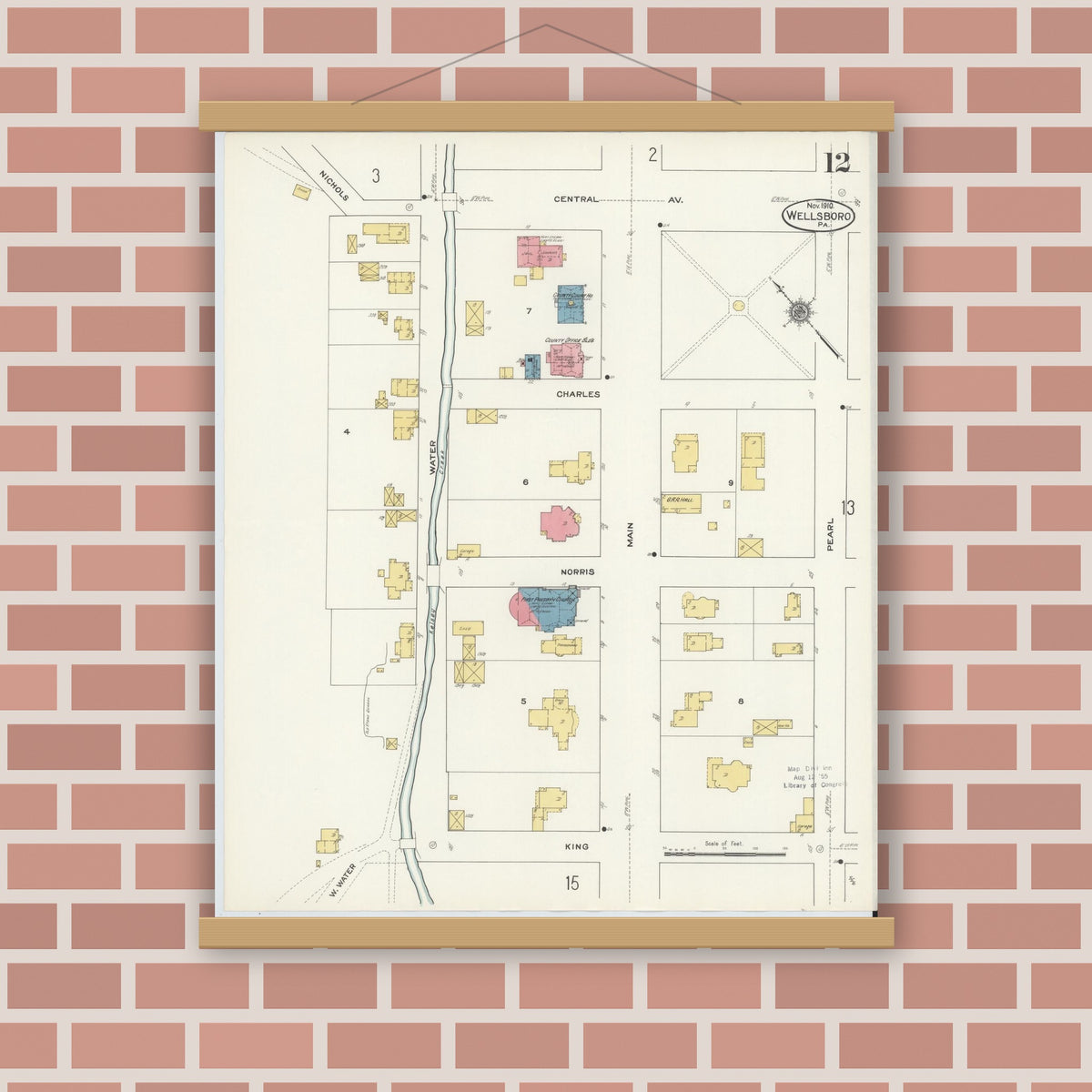 Old map wall art mockup — magnetic wood frame on brick wall — Sanborn Fire Insurance Map from Wellsboro, Tioga County, Pennsylvania (1910), Sheet #0012