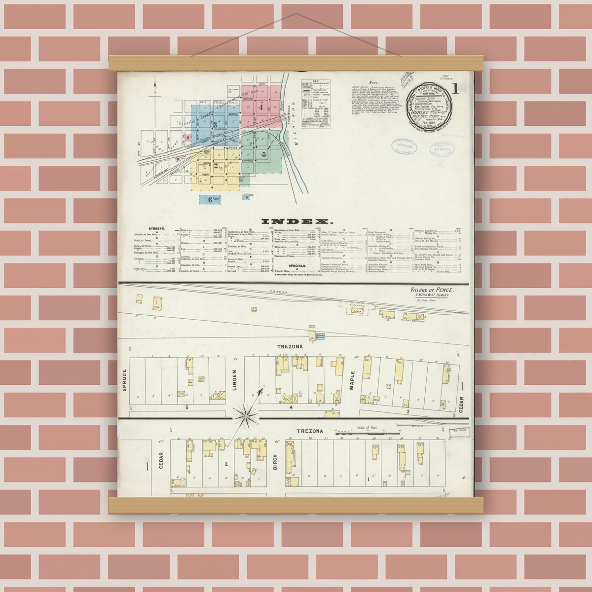 Old map wall art mockup — magnetic wood frame on brick wall — Sanborn Fire Insurance Map from Hurley, Iron County, Wisconsin (1898) - Complete Map Set